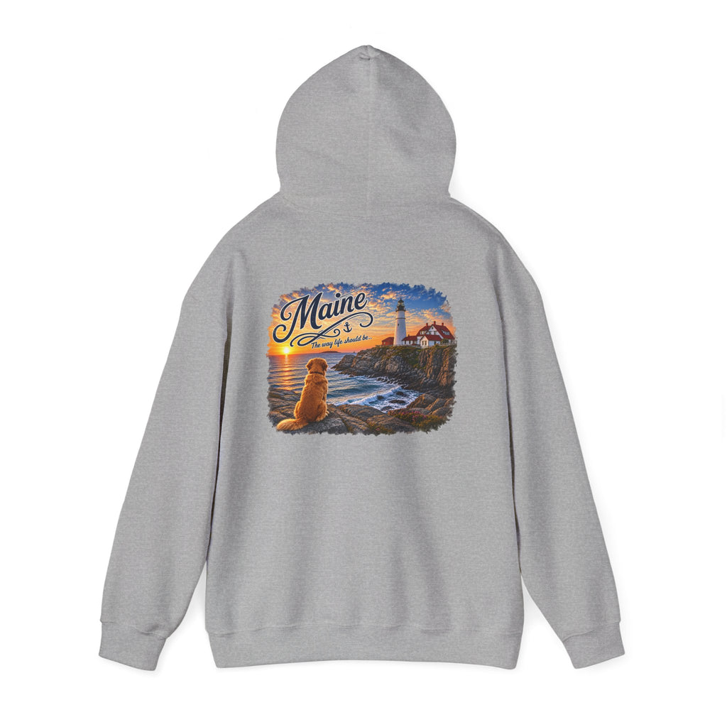 Maine Lighthouse Hoodie — Scenic Sunset & Loyal Dog Coastal Sweatshirt