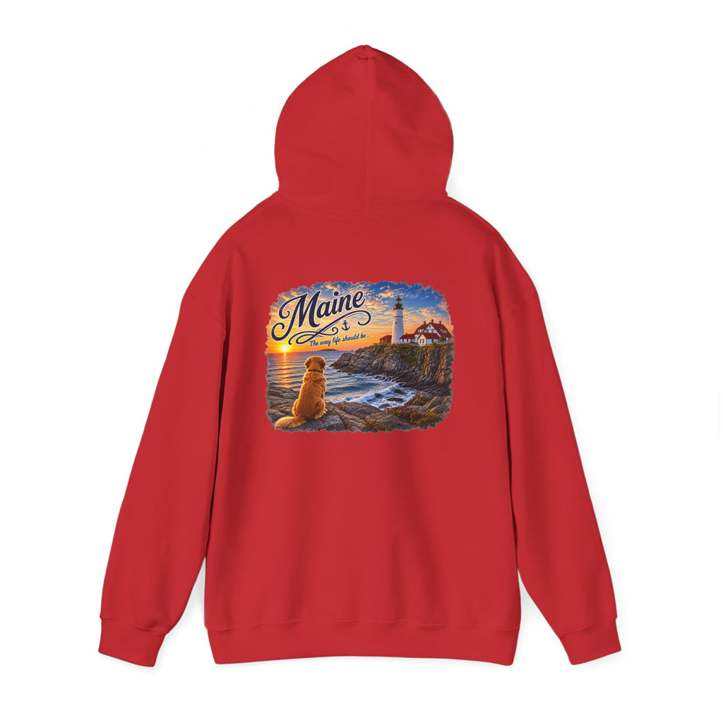 Maine Lighthouse Hoodie — Scenic Sunset & Loyal Dog Coastal Sweatshirt