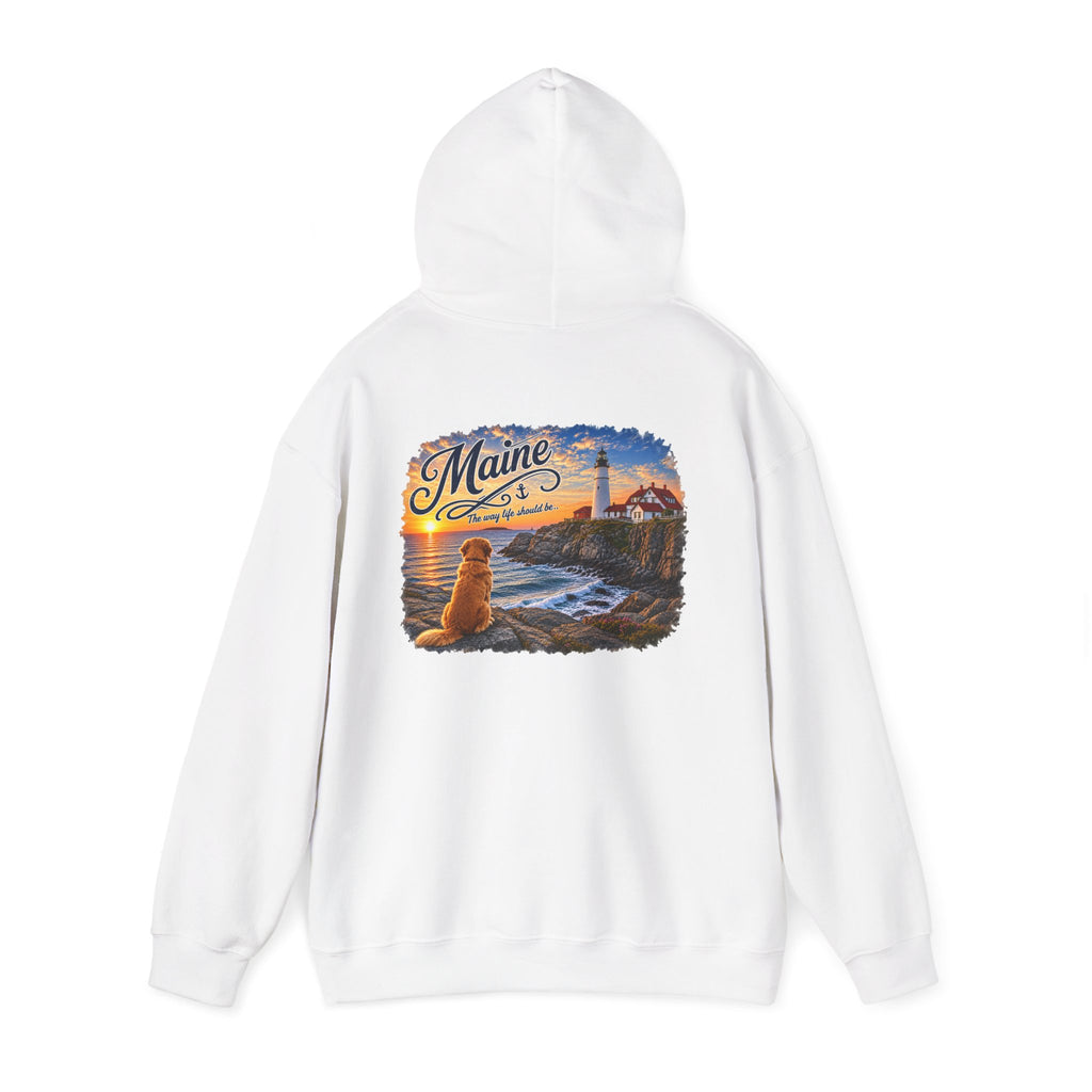 Maine Lighthouse Hoodie — Scenic Sunset & Loyal Dog Coastal Sweatshirt