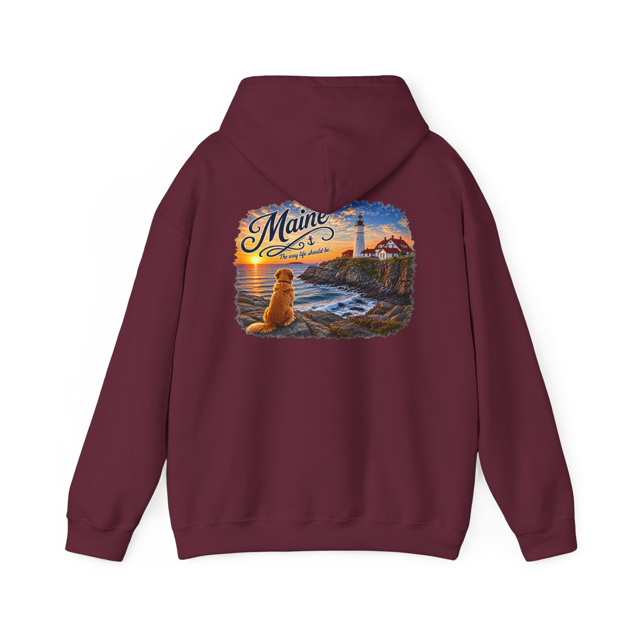 Maine Lighthouse Hoodie — Scenic Sunset & Loyal Dog Coastal Sweatshirt