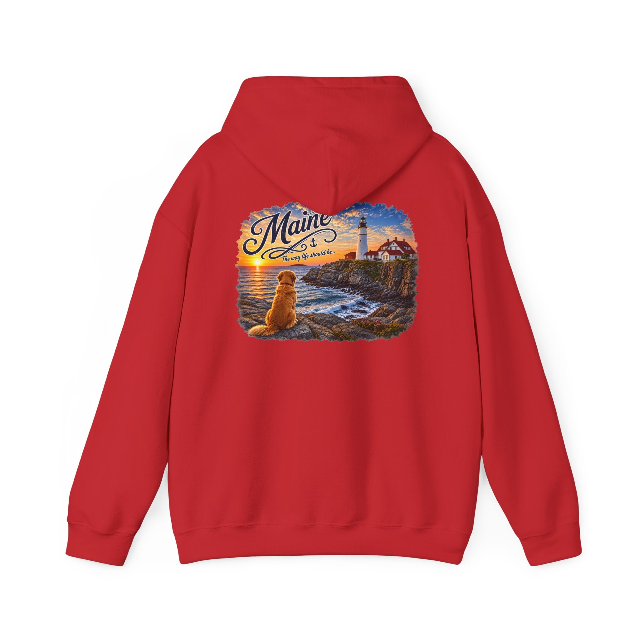 Maine Lighthouse Hoodie — Scenic Sunset & Loyal Dog Coastal Sweatshirt