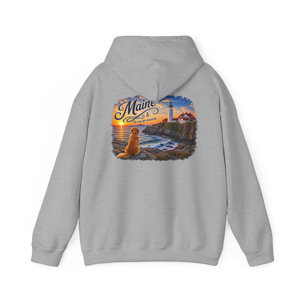 Maine Lighthouse Hoodie — Scenic Sunset & Loyal Dog Coastal Sweatshirt