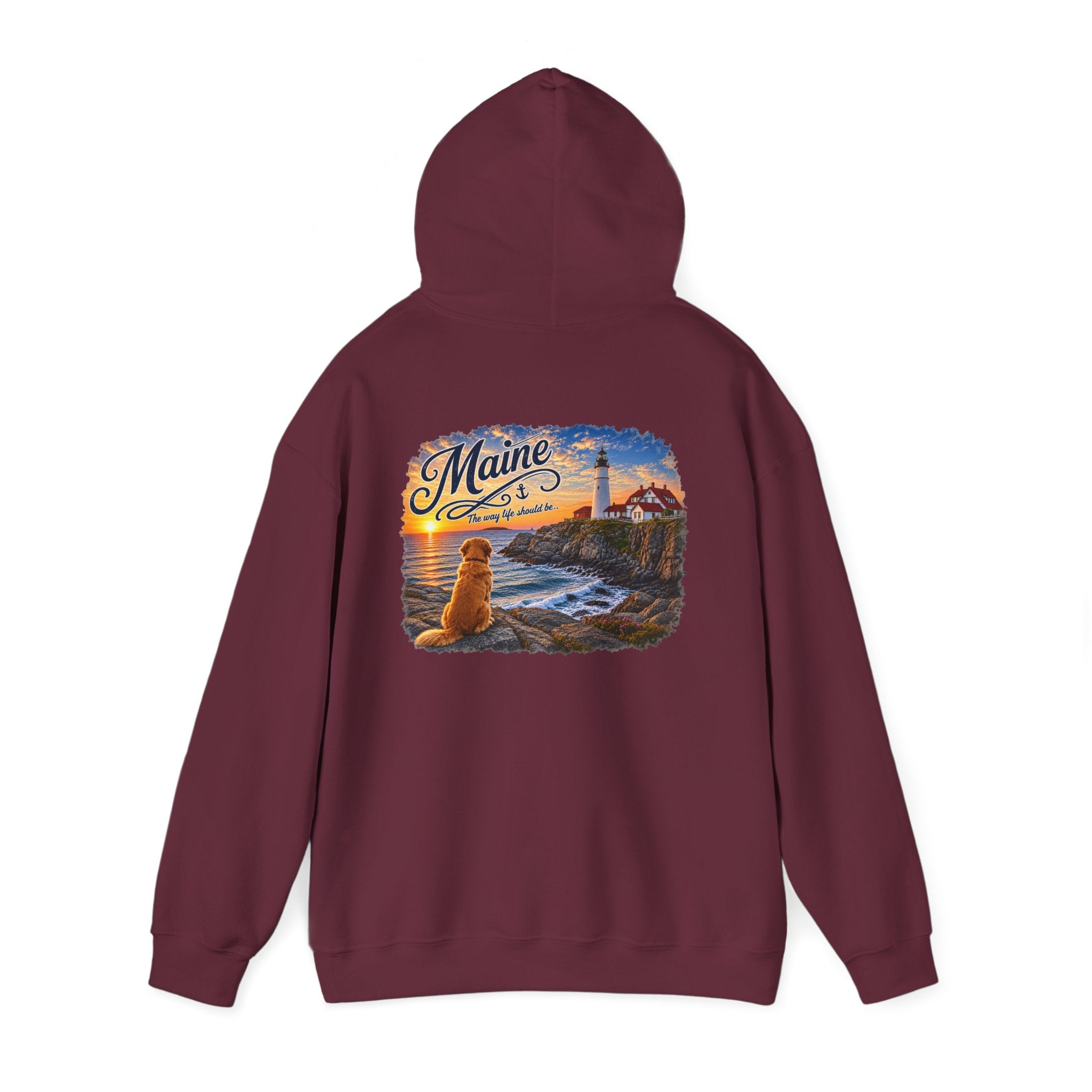 Maine Lighthouse Hoodie — Scenic Sunset & Loyal Dog Coastal Sweatshirt