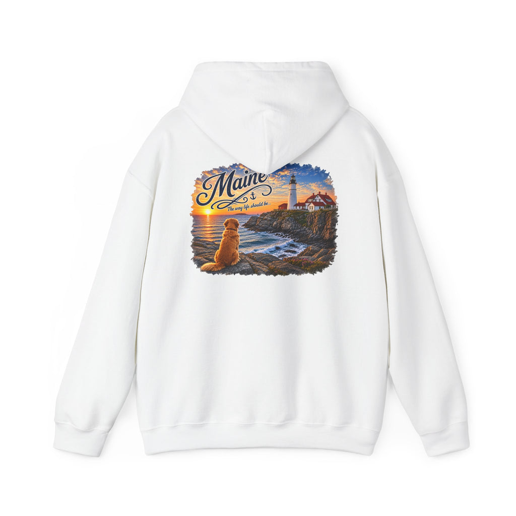 Maine Lighthouse Hoodie — Scenic Sunset & Loyal Dog Coastal Sweatshirt