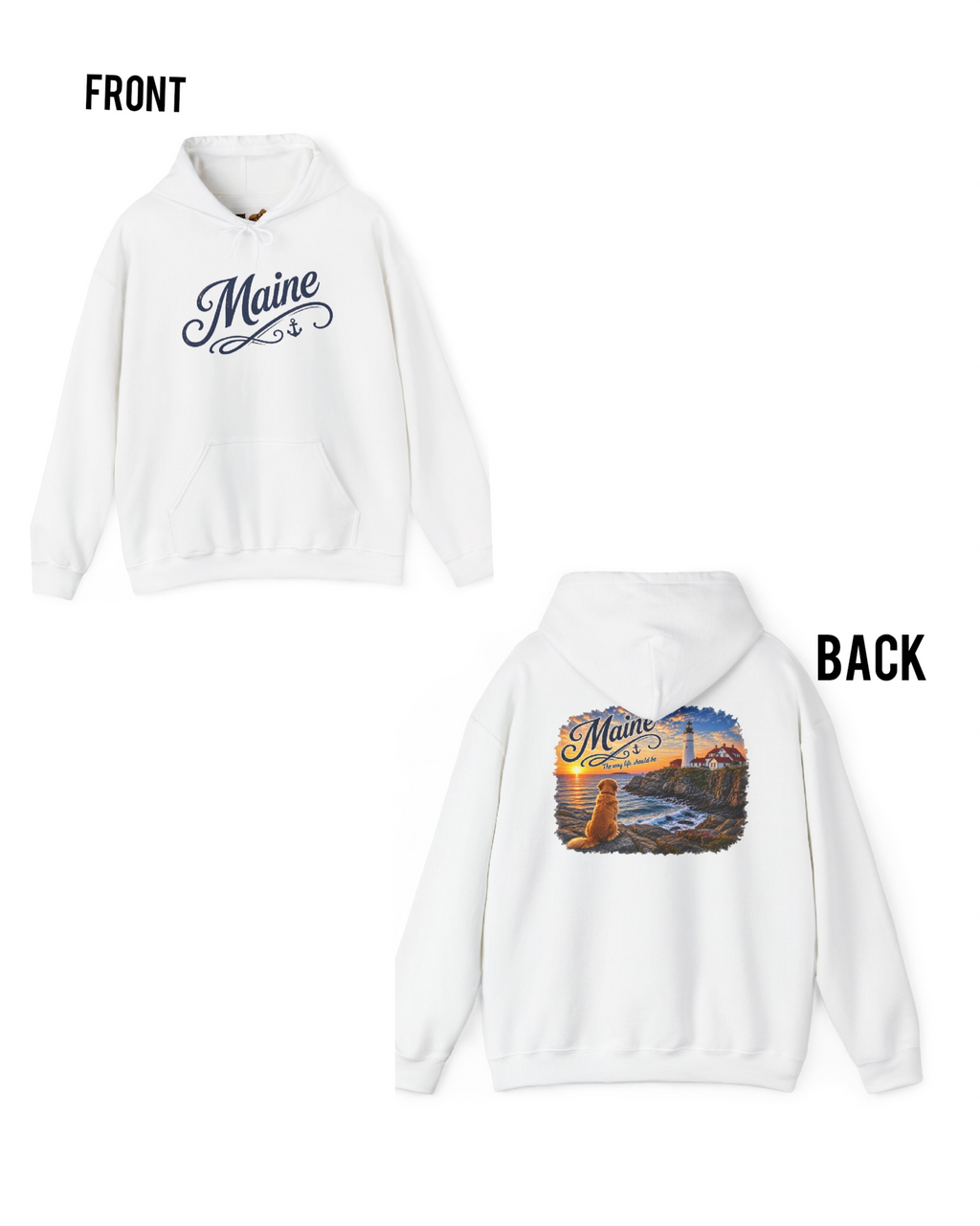 Maine Lighthouse Hoodie — Scenic Sunset & Loyal Dog Coastal Sweatshirt