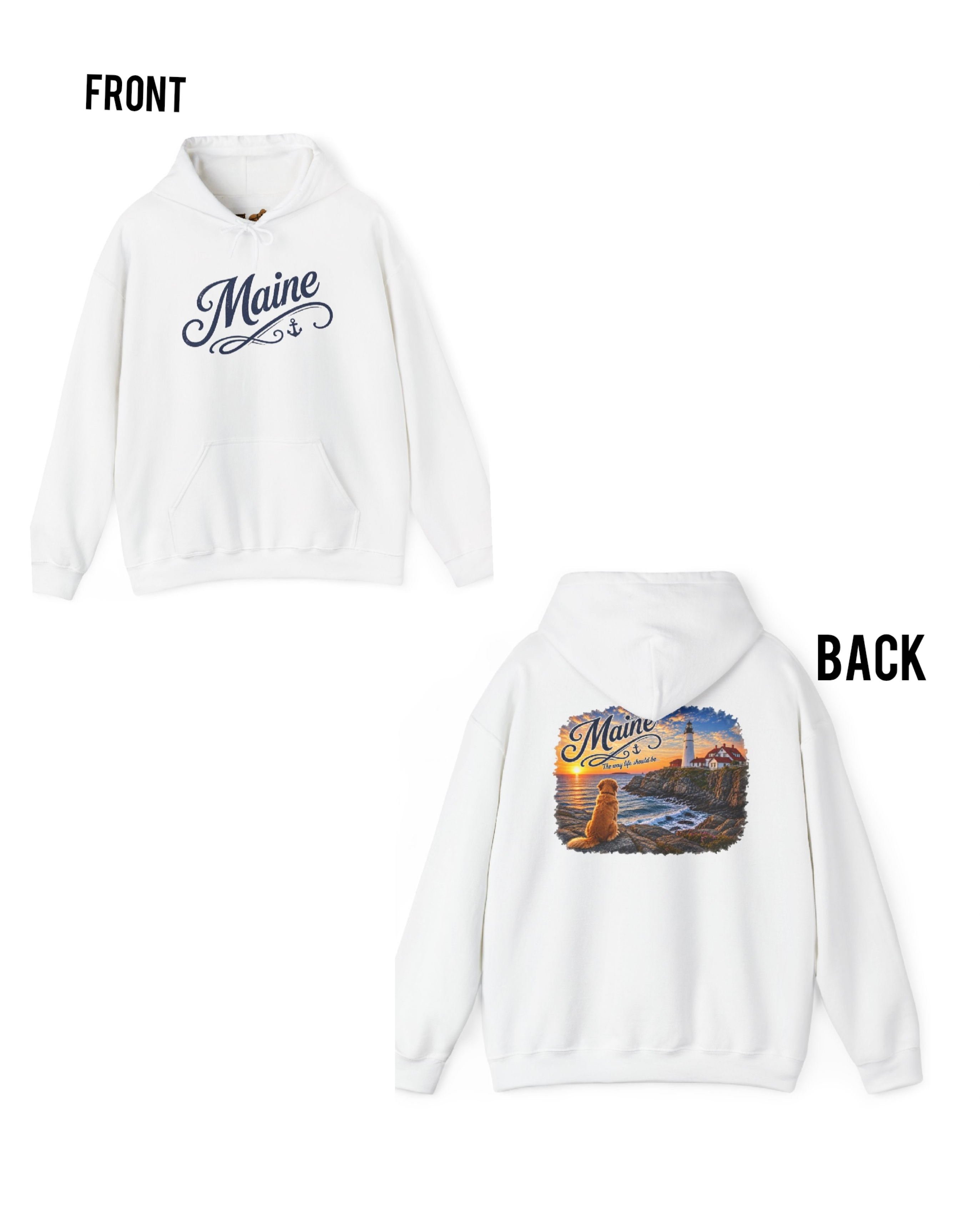 Maine Lighthouse Hoodie — Scenic Sunset & Loyal Dog Coastal Sweatshirt
